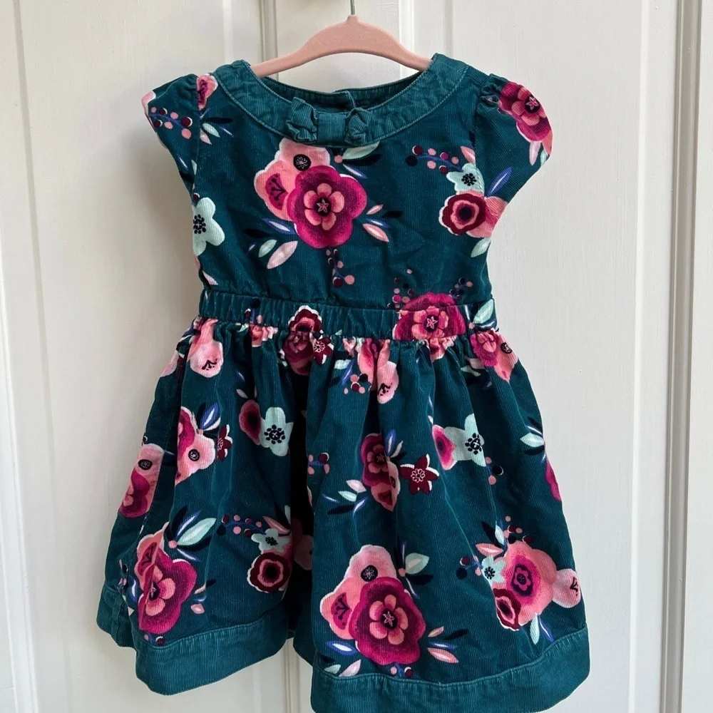 Gymboree 18-24M Emerald Green and Pink Floral Corduroy like Dress